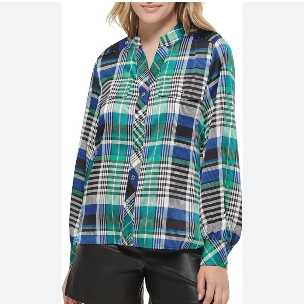 Karl Lagerfeld Plaid Blouse Blue Green Polyester